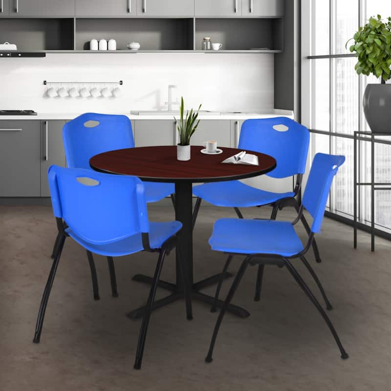 36" Round Breakroom Table- Mahogany & 4 'M' Stack Chairs- Blue - Blue, Mahogany - 36