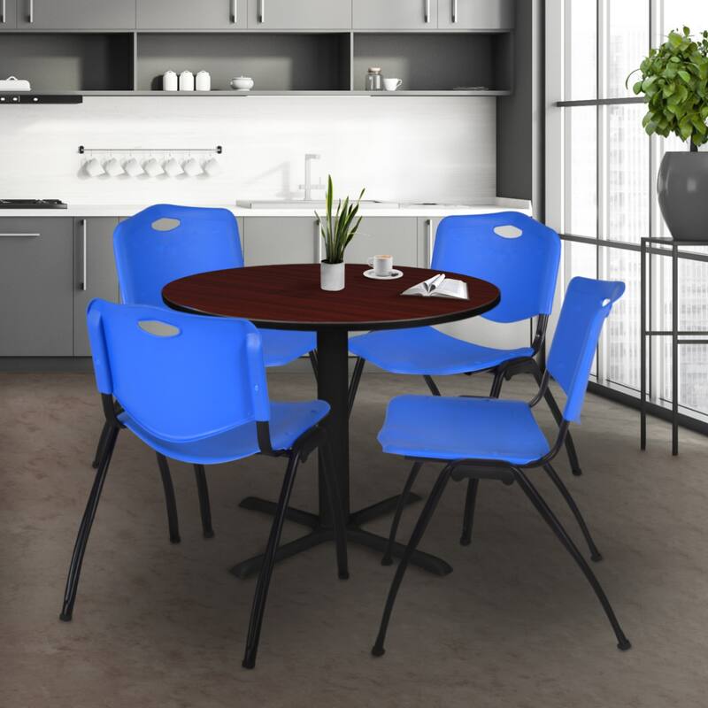 42" Round Breakroom Table- Mahogany & 4 'M' Stack Chairs- Blue - Blue, Mahogany - 42
