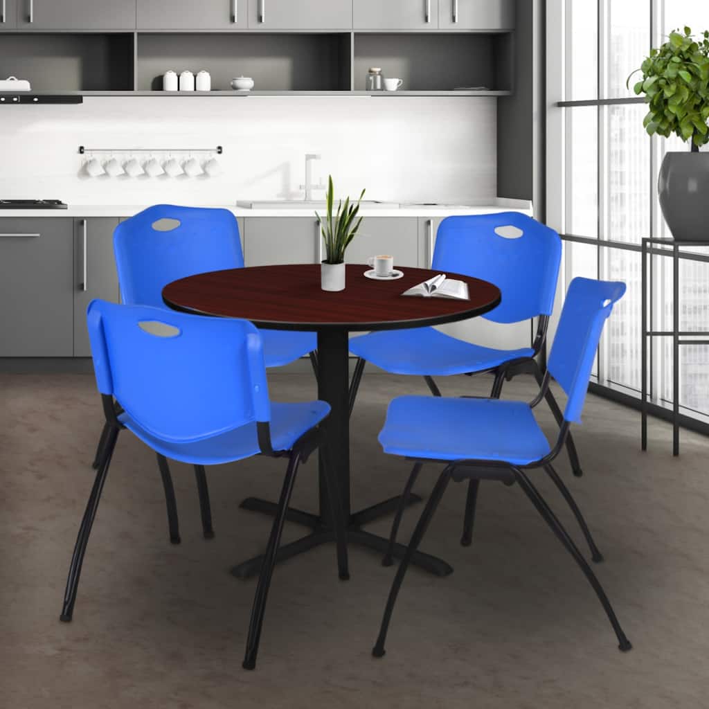 42" Round Breakroom Table- Mahogany & 4 'M' Stack Chairs- Blue - Blue, Mahogany - 42