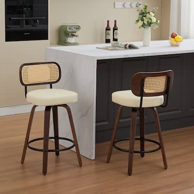 360° Swivel Upholstered Bar Stools Set of 2, 26"H Rattan Counter Height Stools with Cane Back & Wood Frame for Kitchen Island