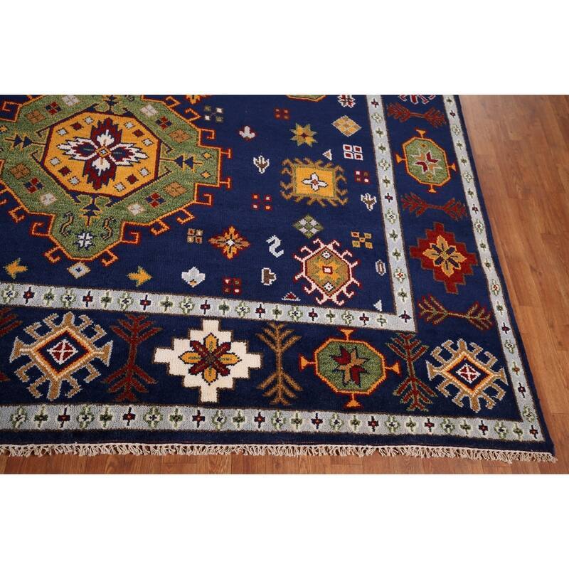Navy Blue Geometric Kazak Oriental Area Rug Handmade Wool Carpet - 8'8" x 11'11"