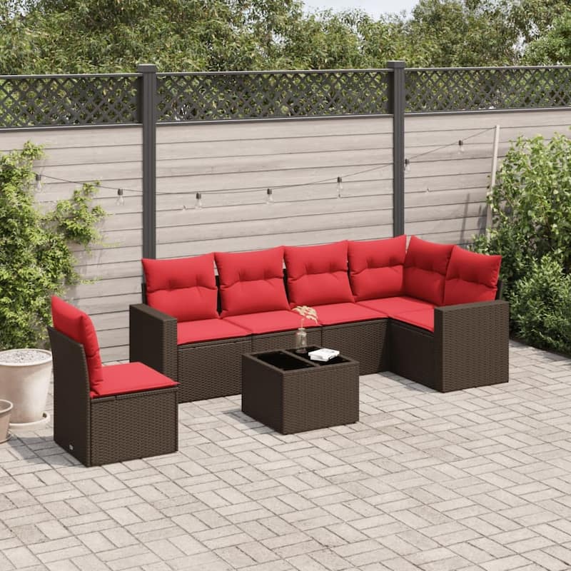 vidaXL Patio Sofa Set with Cushions Outdoor Conversation Furniture Poly Rattan - 25.8" x 24.4" x 27.2" - Brown and red with table
