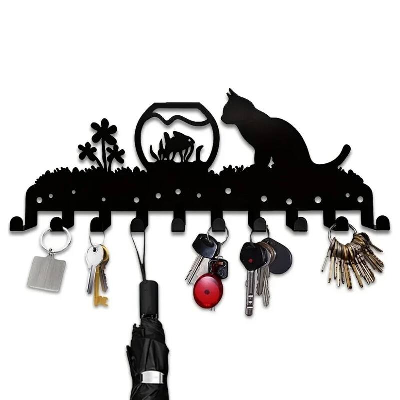Adorable Kitty Black Iron Wall Mounted Rack with 10 Hooks for Entryway or Bedroom - 13.78”L x 5.51”H