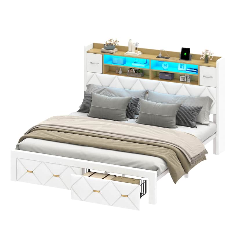 Farmhouse Bed Frame Upholstered Headboard Platform Bed with Charging Station - White - King