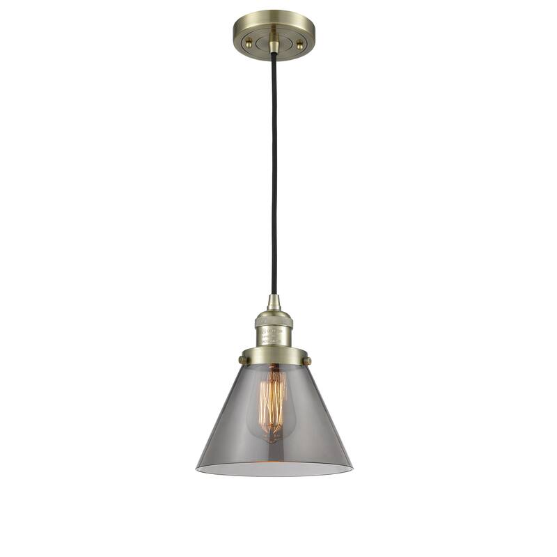 Innovations Lighting Franklin Restoration Cone - 1 Light 8" Cord Hung Mini Pendant - Antique Brass/Light Smoke