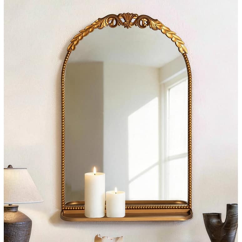 Ornate Arch Top Metal Framed Wall Mirror with Shelf