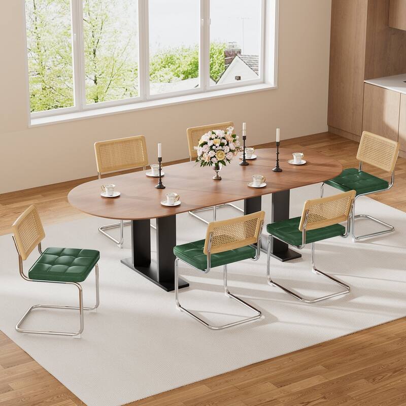 Natural Rattan Dining Chairs Set of 2/4 with Upholstered Faux Leather
