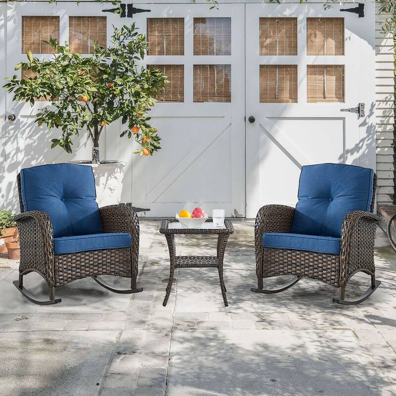 Gymojoy Outdoor Rocking Chairs Set of 2 Patio Furniture Sets - Brown Wicker - Blue Cusion