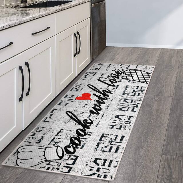 SussexHome Non-skid Ultra-thin Blended Cotton Runner Rug - 20" x 59" - Gray&Black&Red