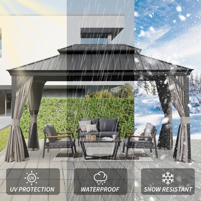12' X 14' Hardtop Gazebo with Drainage System, Galvanized Steel Roof, Curtain and Netting, Outdoor Shelter for Patio, Garden