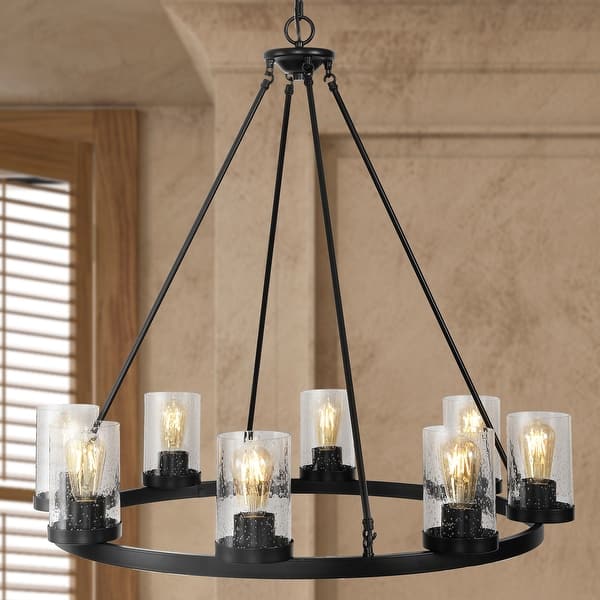slide 2 of 22, Athos Ring Iron/Seeded Glass Bohemian Cottae LED Chandelier, Oil Rubbed Bronze by JONATHAN Y 8-Light