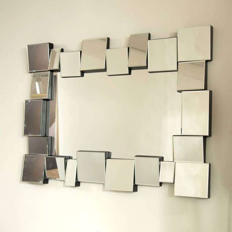 Reage Geometric Square-Spliced PU Art Decorative Mirror - Wall-Mounted, Bathroom, Bedroom - Silver