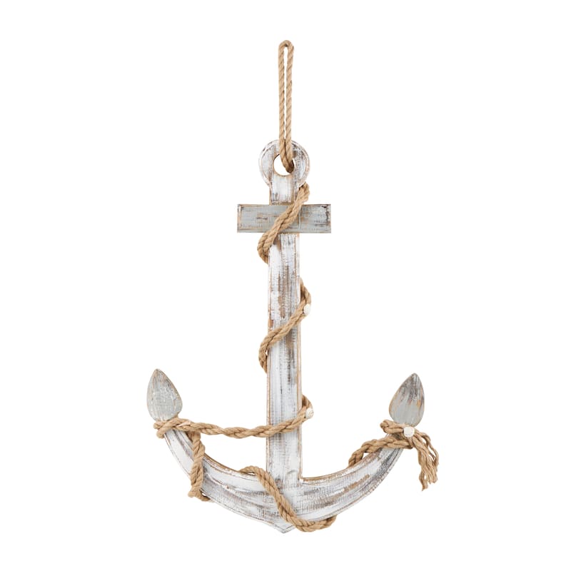 Brown Wood Handmade Anchor Home Wall Decor with Rope and Shell Accents