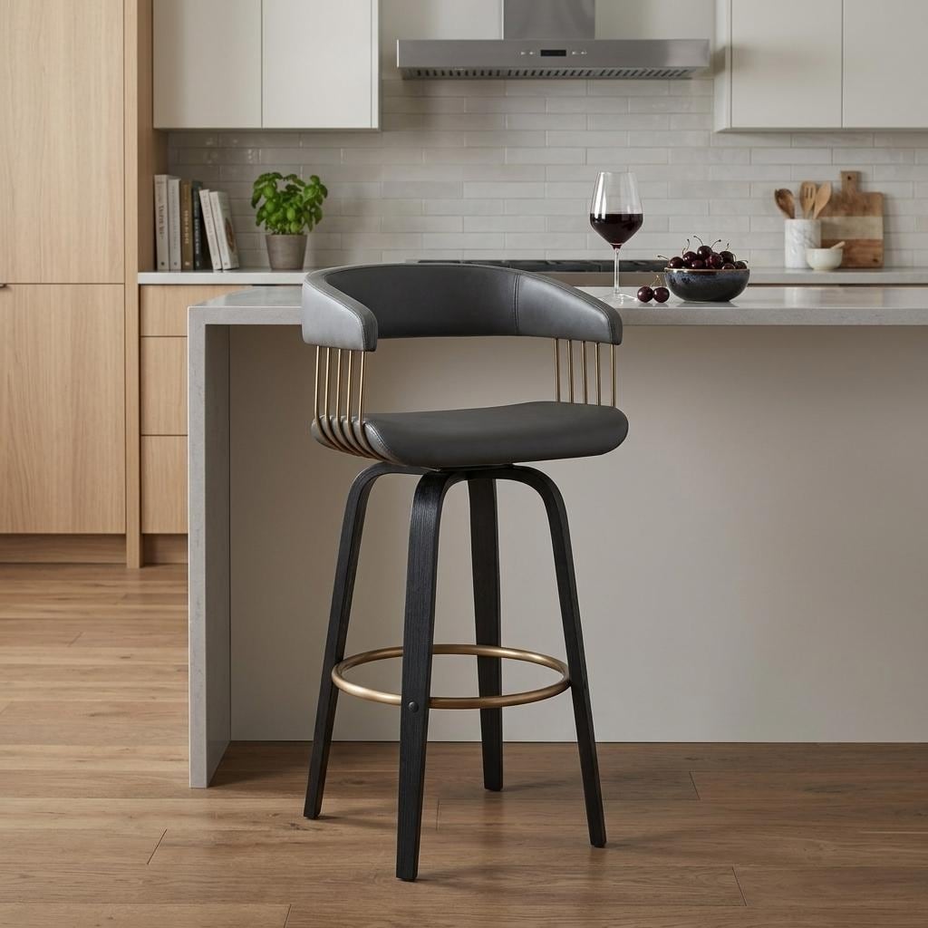 HomeRoots 26" Gray And Black Faux Leather Swivel Counter Height Bar Chair