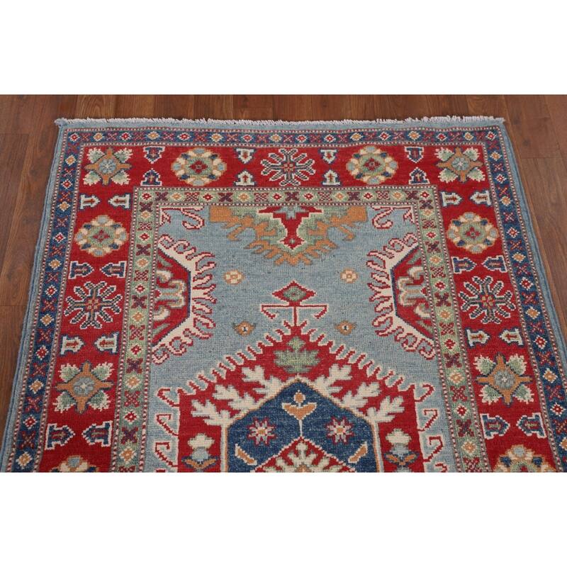Light Blue Geometric Kazak Rug Handmade Traditional Wool Carpet - 3'0" x 4'11"