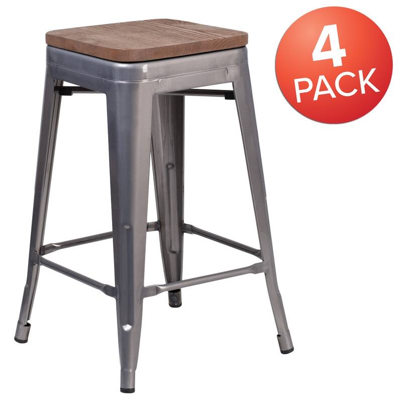 4Pk 24" High Backless Clear Coated Metal Counter Height Stool - Square Wood Seat