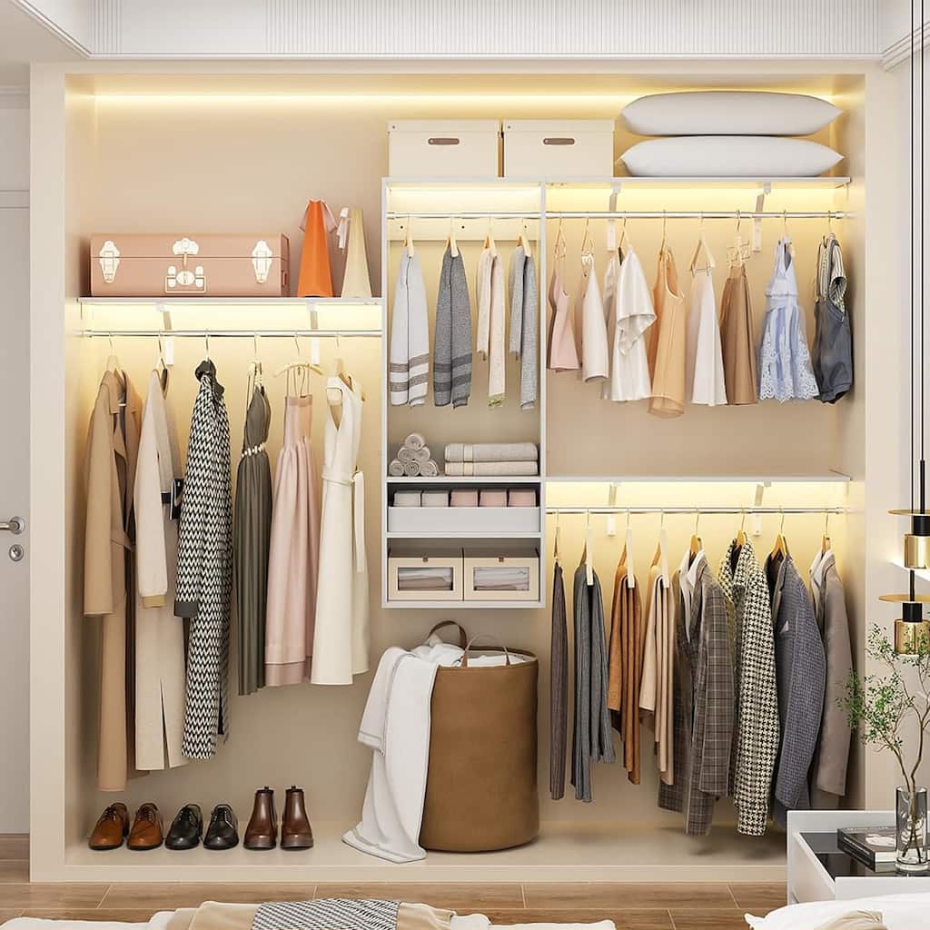 Rackcog 96'' Hanging Closet System with 3 Shelving Towers and 3 Hanging Rods,Wall-Mounted Walk-in Closet Organizer