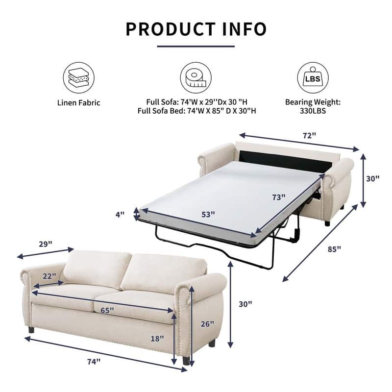Mixoy Full/Queen Size Pull Out 2 in 1 Sleeper Sofa Bed with Mattress,Convertible Upholstered Loveseat with Nailhead