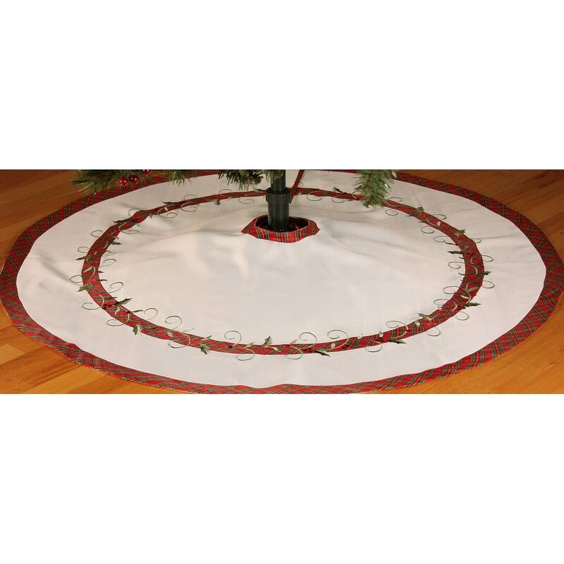 Tartan Ribbon Embroidered Christmas 48-Inch Round Tree Skirt - White