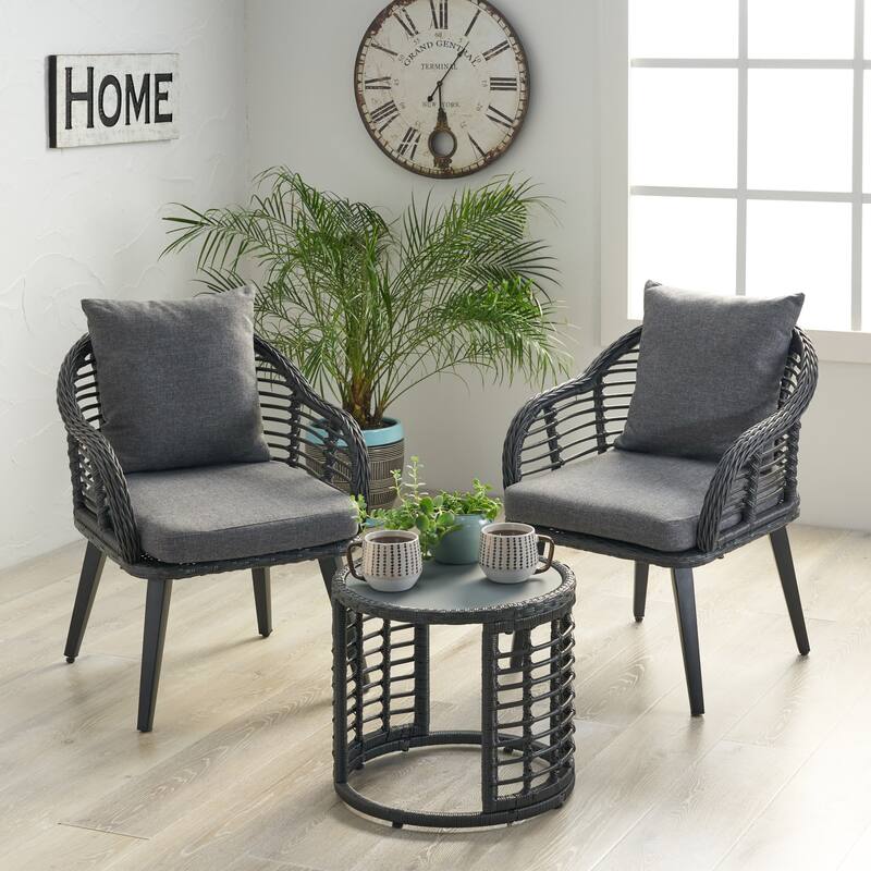 Chadbourne Indoor Modern Boho Wicker Chat Set with Side Table by Christopher Knight Home - Gray+Dark Gray+Black