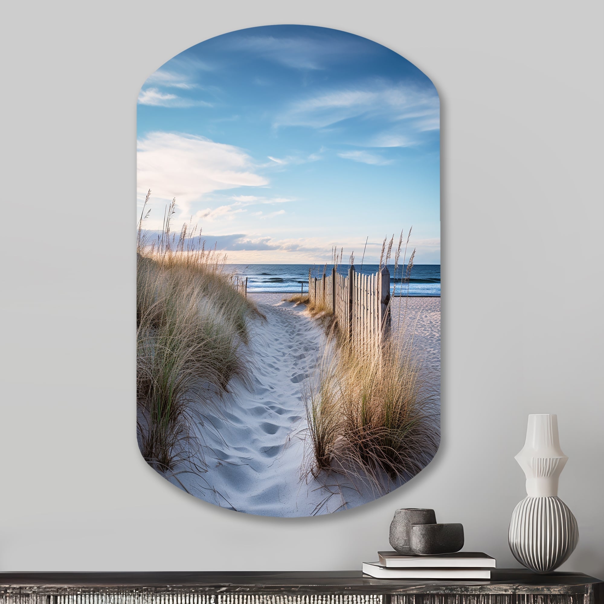 Designart - Path To The Beach II - Coastal Beach Sand Metal Wall Hanging - Nautical & Coastal Metal Cylinder Shape Print