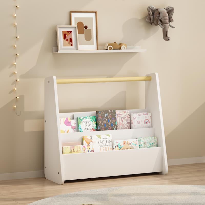 Kids Bookshelf with Wooden Handle, 2-Tier Front-Facing Toddler Bookcase, Portable Children's Book Storage Organizer for Bedroom
