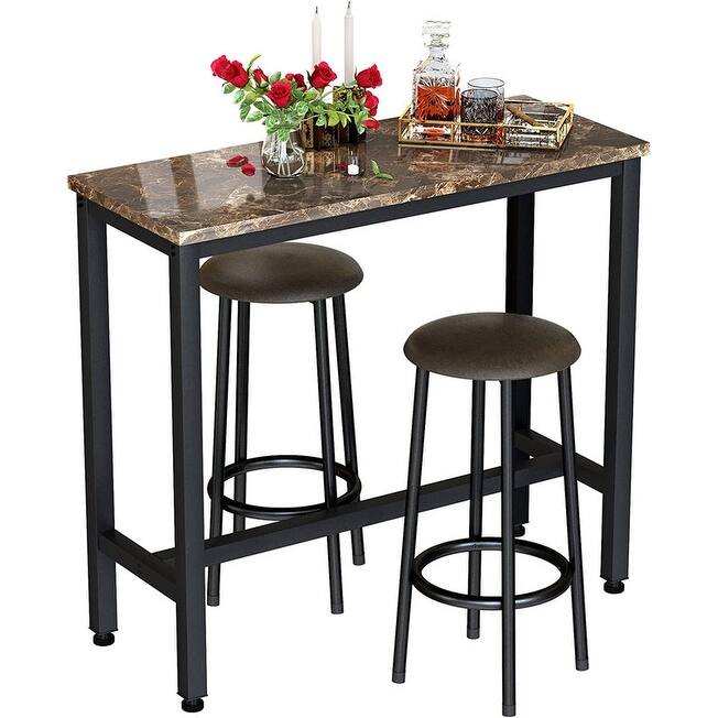 3 Piece Kitchen Pub Dining Set, Modern Faux Marble Counter Height Bistro Bar Table Set with 2 PU Leather Bar Stools