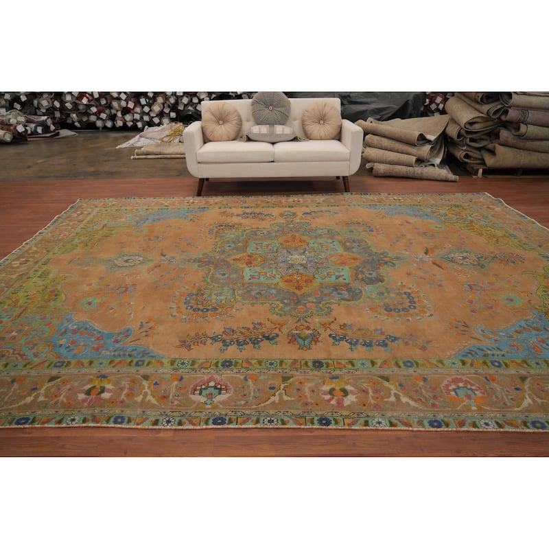 Hand Knotted Oriental 100% Wool Carpet Traditional Floral Oranges & Rust Tabriz Area Rug - 13' 0'' X 9' 8''