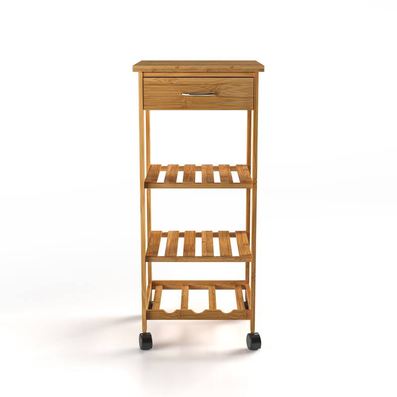 Furniture of America Elara Contemporary Natural Bamboo Kitchen Trolley with a Drawer, 2 Shelves and a Bottom Wine Rack