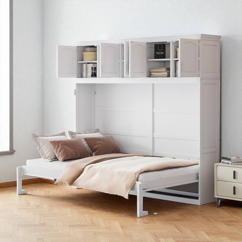 Queen Size Murphy Wall Bed with Top Cabinets, Space Saving Cabinet Bed with Storage, No Box Spring Needed
