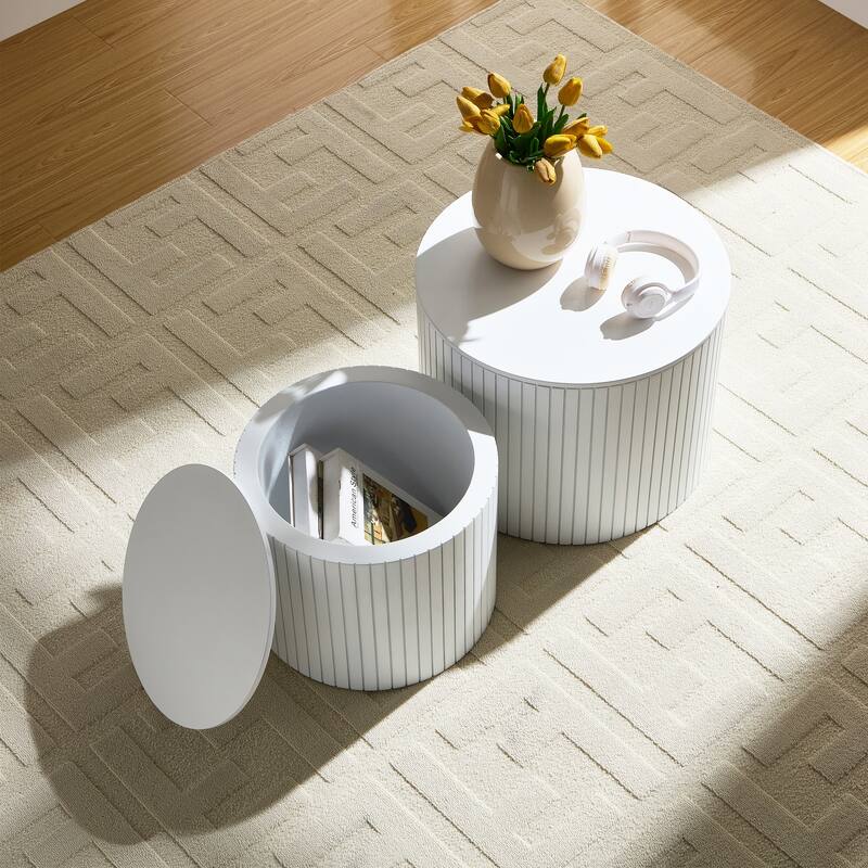 Set of 2 Round Nesting Tables, Vertical Stripe Coffee Table Sets with Hidden Storage and Disassembled Tabletop