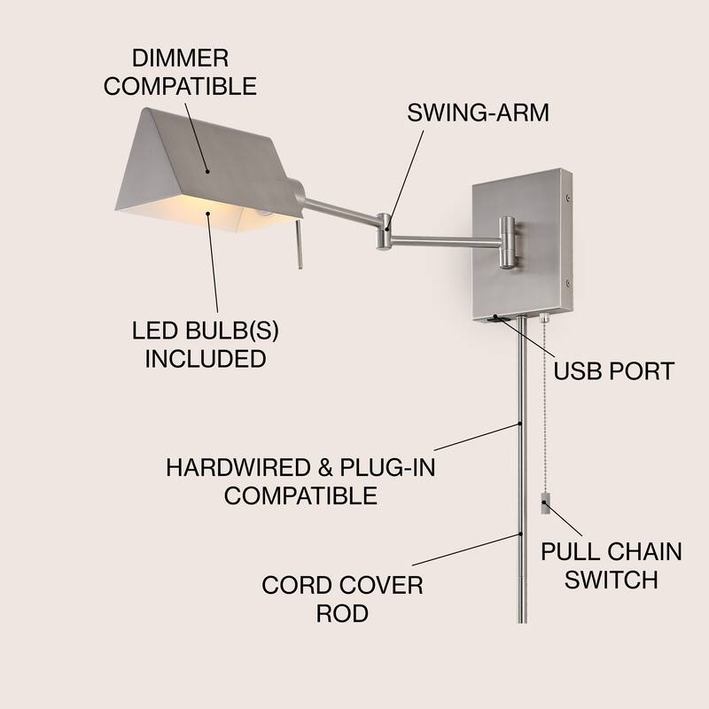 Curtis Farmhouse Swing Arm Plug-In or Hardwired Iron LED Wall Sconce with Pull-Chain with USB Charging Port, by JONATHAN Y