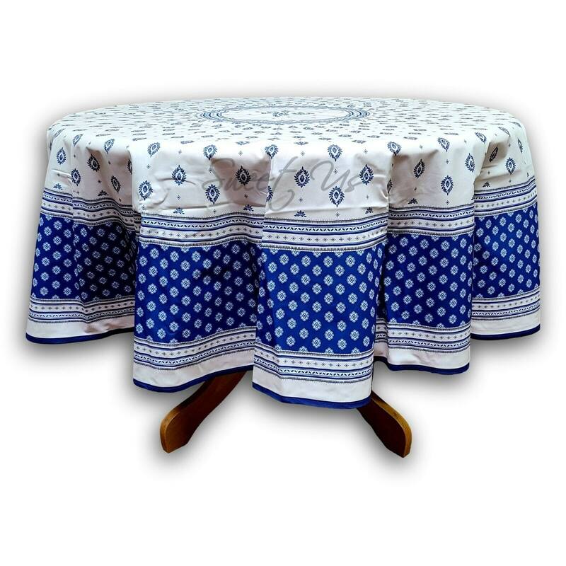 Wipeable Stain Resistant French Chateau Cotton Floral Tablecloth - 71-in Round - Blue