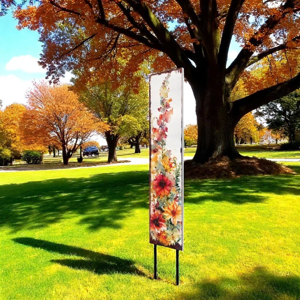 HomeRoots 42" Green Off White Orange And Yellow Solid Wood Watercolor Floral Garden Stake