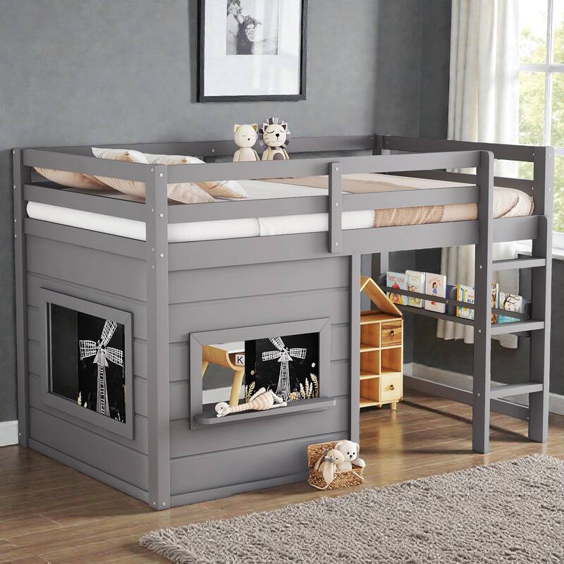 Twin/Full Loft Bed with Sliding Chalkboard, Built-in Bookshelf, Solid Wood Frame & Safety Guardrails, Kids Playhouse Bed