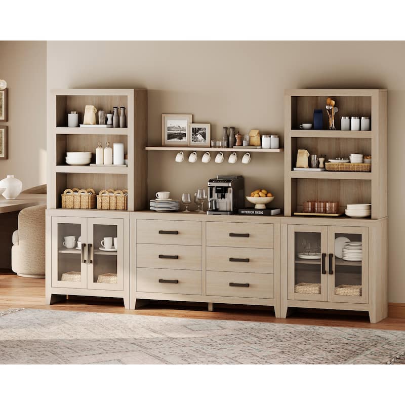 WAMPAT Farmhouse Entertainment Center with Bookshelves, Media Console with Glass Doors & 6 Storage Drawers