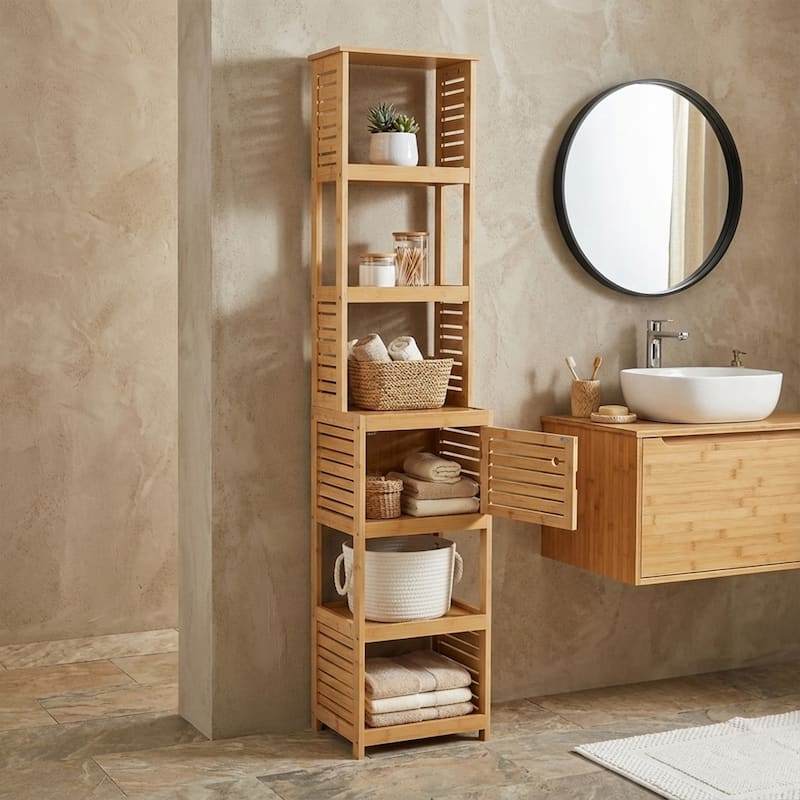 Tall Bathroom Storage Cabinet with Multiple Shelves and Vented Door, Natural - Trinidad Collection - 13 7/8"L x 10.4"W x 68"H