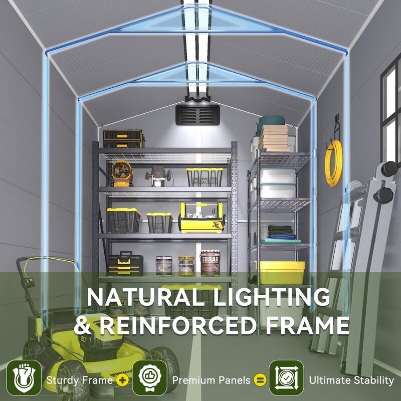 EROMMY Outdoor Storage Shed with Built-In Floor, Lockable Double Doors & Sloped Roof, Gray/Black