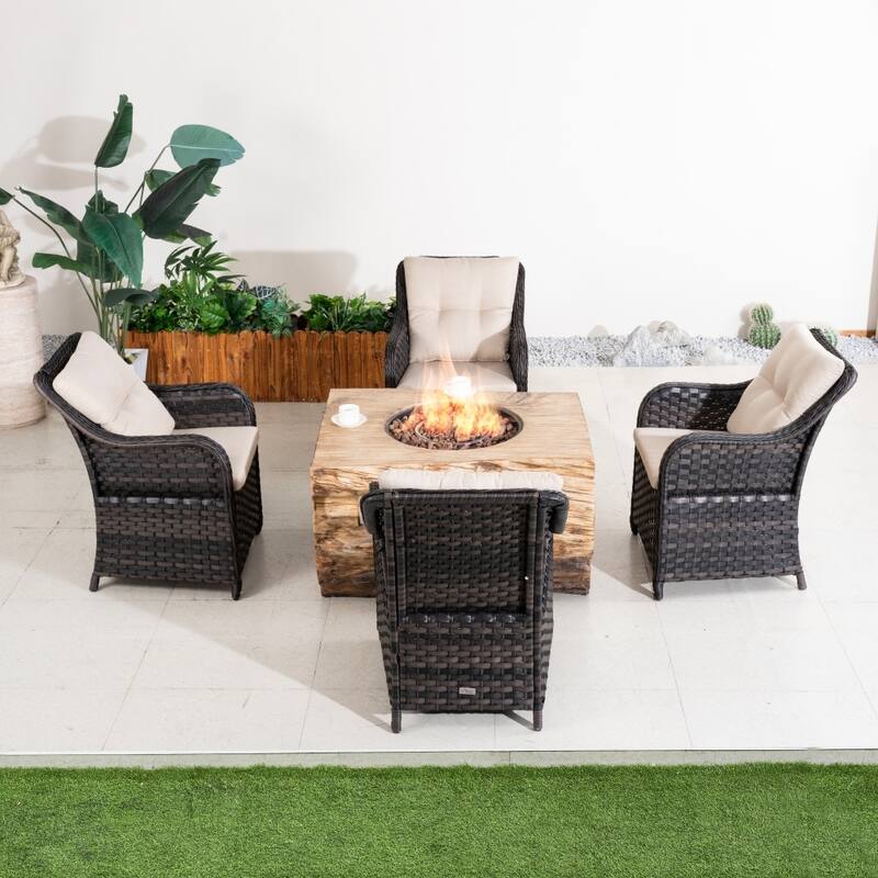 5-piece Outdoor 50,000 BTU Terrafab Composite Fire Pit Table Set with 4 Chairs - Brown