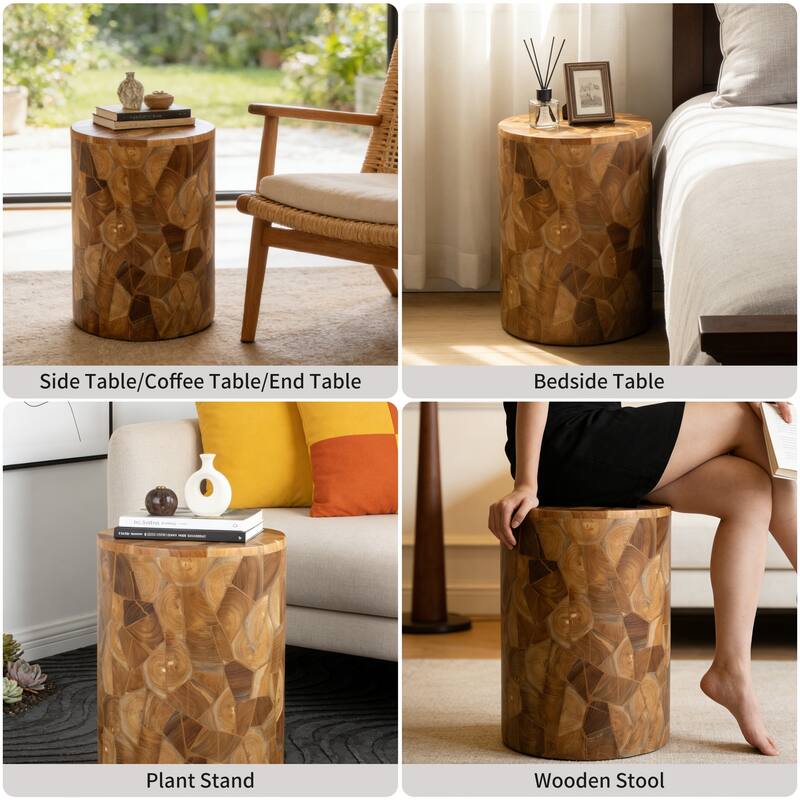 Handcrafted Chips Teak Wood Coffee Table Accent Side Table Stool