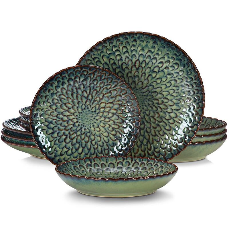 vancasso Chrys Flambed Glaze Stoneware Dinnerware Set - Green - 12 Piece
