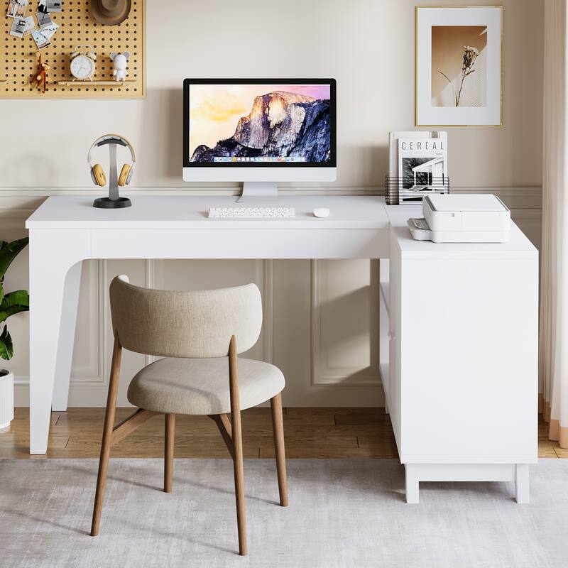 57'' Wood L-Shaped Corner Computer Desk Writing Table with Cabinet