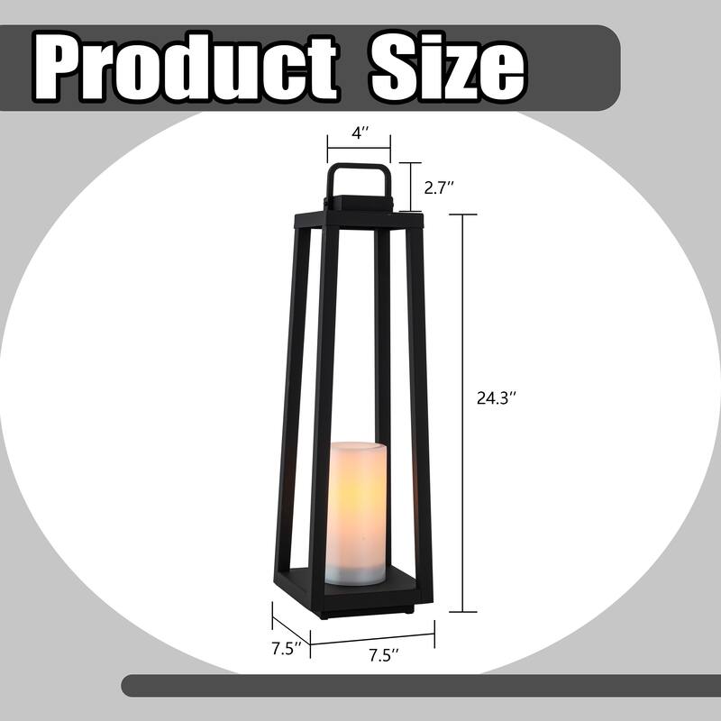 1 Light H16" Modern Matte Black Solar Lantern with Candle Shape Outdoor Light Decorative Portable Hanging LED Lights