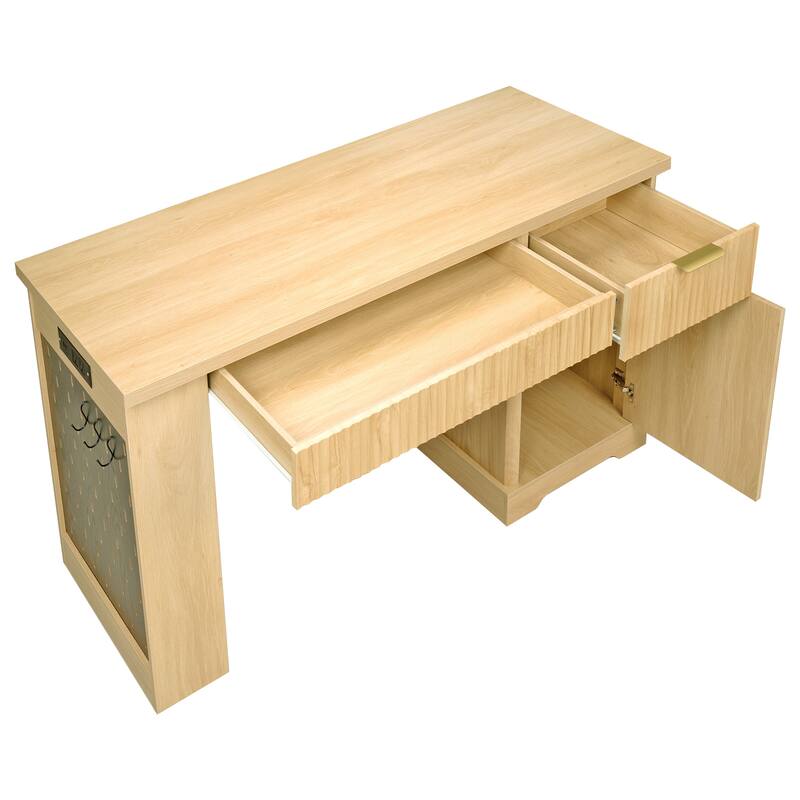 Roomfitters 55" Modern Fluted Office Desk with Charging Station, Storage Cabinet & Pegboard