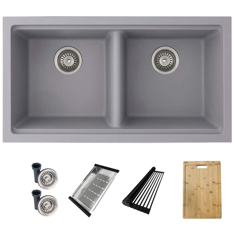STYLISH Dual Mount 33" Double-Bowl Composite Granite Kitchen Sink - 33" x 18" x 9.5"