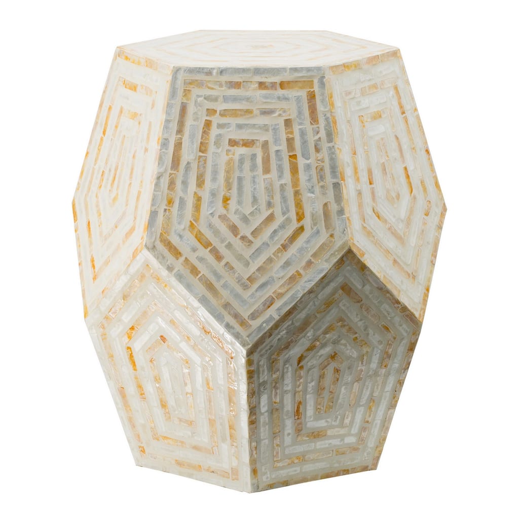 21 Inch Capiz Accent Stool Table, Hexagonal Drum, Angled Look, Beige White