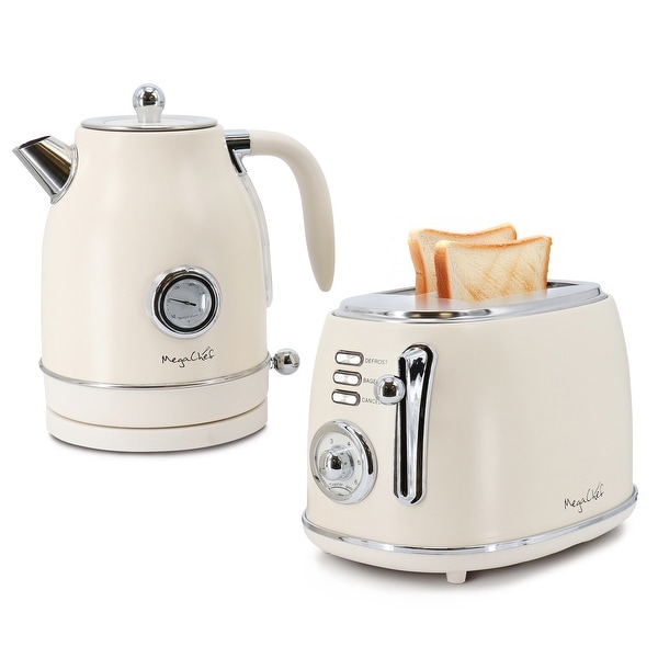 1.7 Quart Electric Tea Kettle and 2 Slice Toaster Combo in Matt Cream Off White