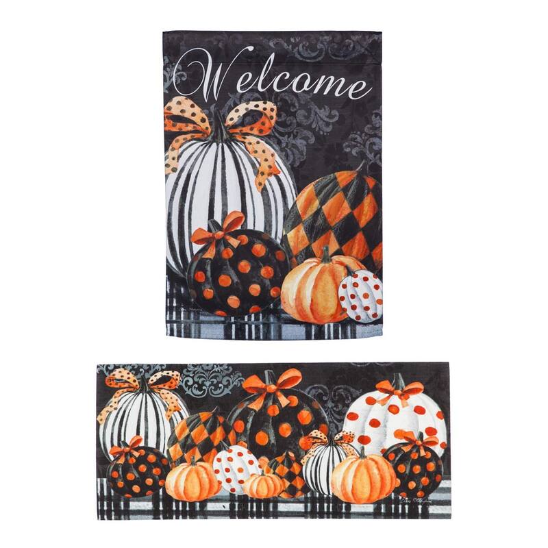Elegant Pattern Pumpkins Garden Suede Flag and Sassafras Door Mat Set - Multi-Color