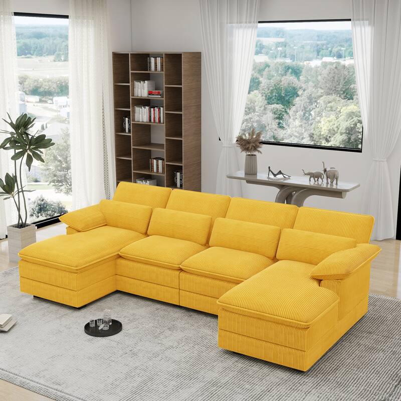 111.8" U-Shaped Cloud Sectional, 4-Seater Corduroy Upholstered Sectional with Recliner and Cushions