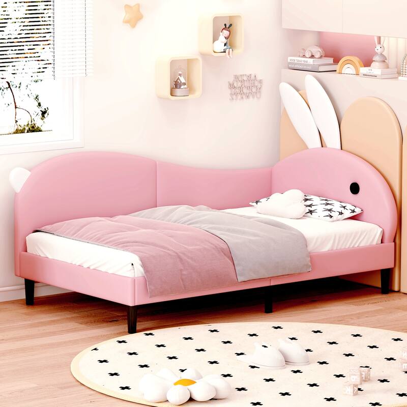 Twin Size Upholstered Rabbit-Shape Daybed with Playful Rabbit Ear Headboard, Soft Pink Sofa Bed for Kids and Teens - Pink
